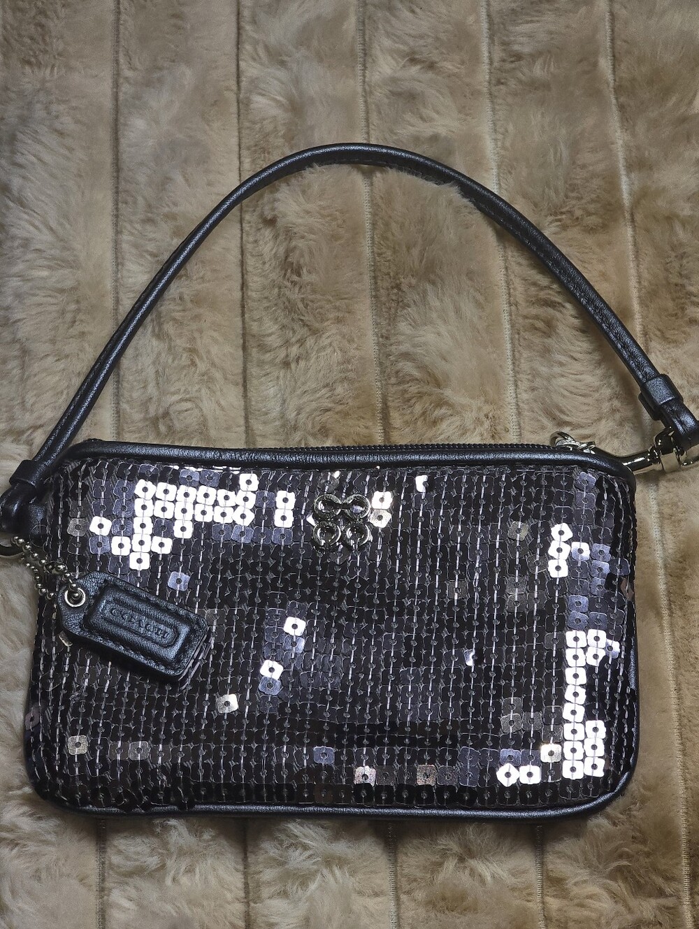 Coach Poppy Black Silver Sequin Signature C Small Wristlet Wallet Pouch